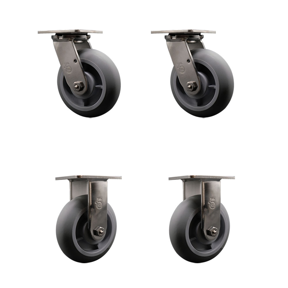 316 Stainless Steel Heavy Duty Swivel Caster Set of 4 with 6 Inch Thermoplastic Rubber Donut Tread Wheels and Ball Bearings-Includes 2 Swivel and 2 Rigid-2,000 lbs. Total Capacity-Service Caster Brand — photo 1