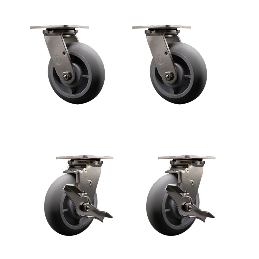 316 Stainless Steel Heavy Duty Swivel Caster Set of 4 with 6 Inch Thermoplastic Rubber Donut Tread Wheels - Includes 2 Swivel with Brakes and 2 Swivel - 2,000 lbs. Total Capacity- Service Caster Brand — photo 1