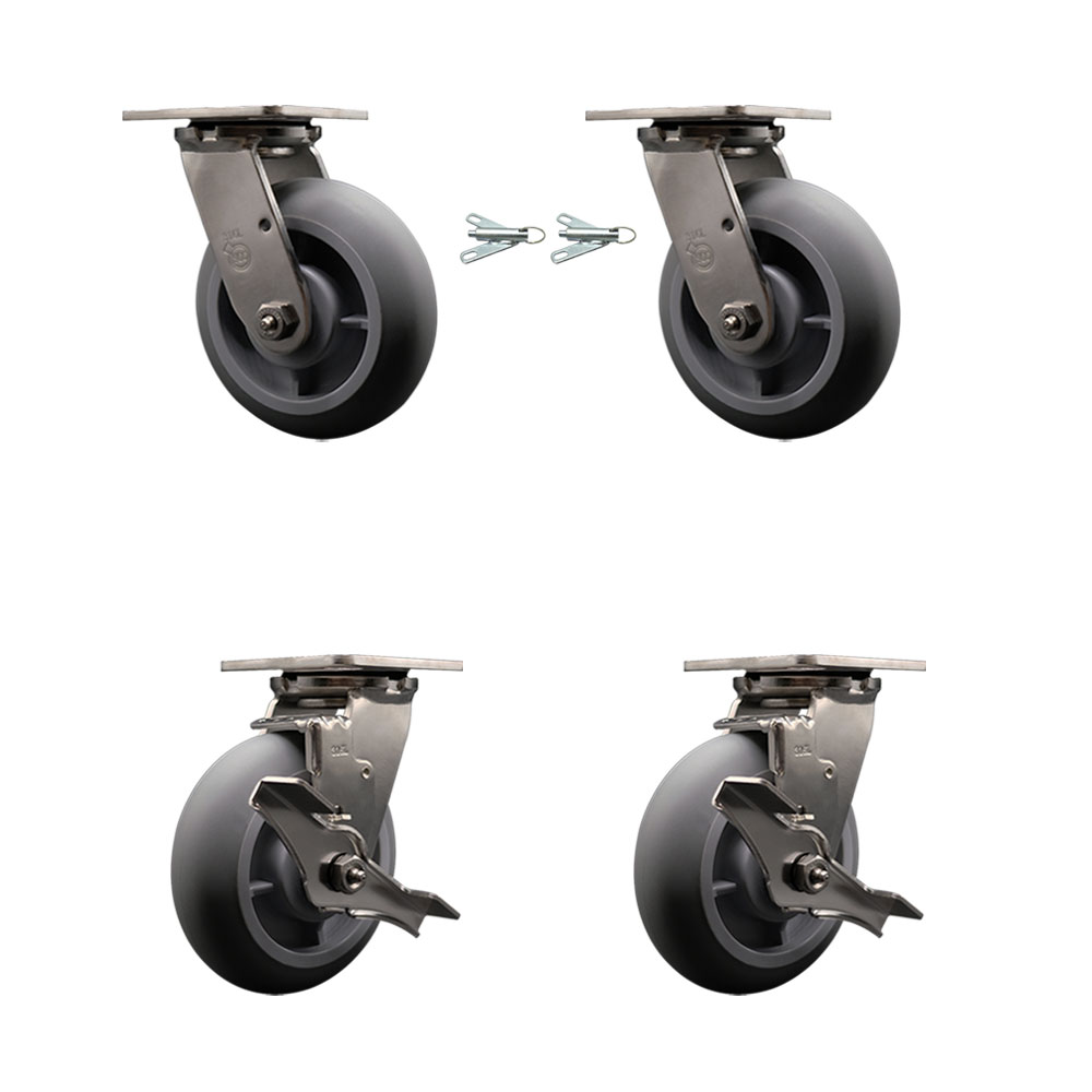 316 Stainless Steel Heavy Duty Swivel Caster Set with 6 Inch Thermoplastic Rubber Donut Tread Wheels - Includes 2 Swivel with Bolt on Swivel Locks and 2 Swivel with Brakes - Service Caster Brand — photo 1