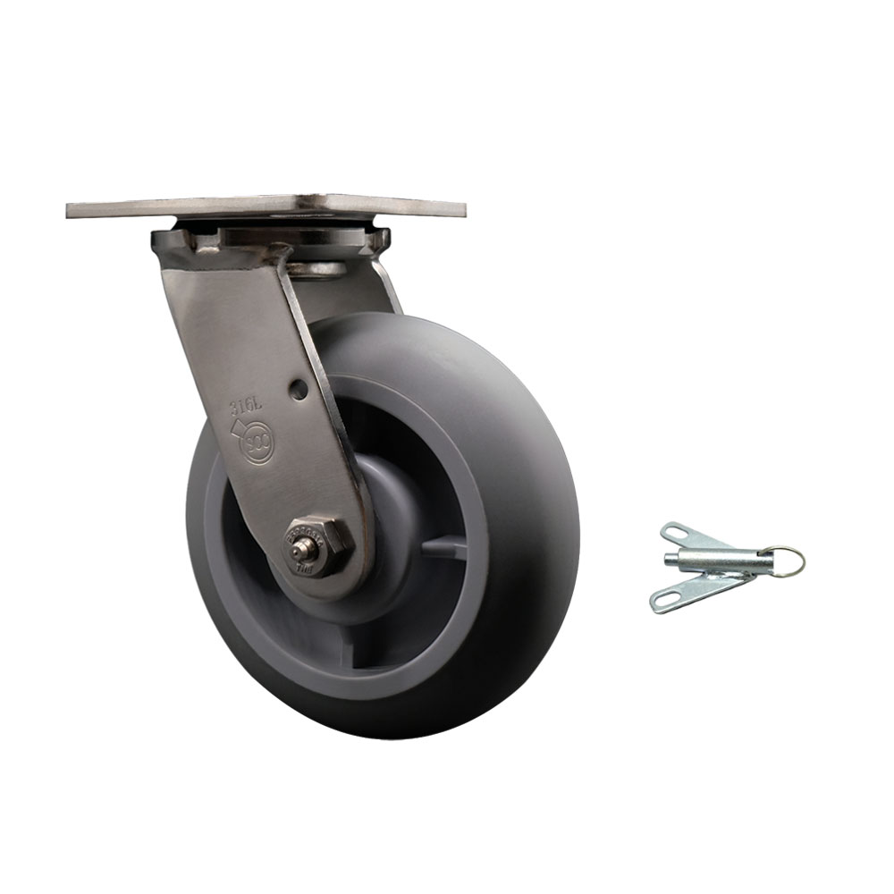 316 Stainless Steel Heavy Duty Swivel Top Plate Caster with Bolt on Swivel Lock and 6 Inch Thermoplastic Rubber Donut Tread Wheel with Ball Bearings - 500 lbs. Capacity/Caster - Service Caster Brand — photo 1