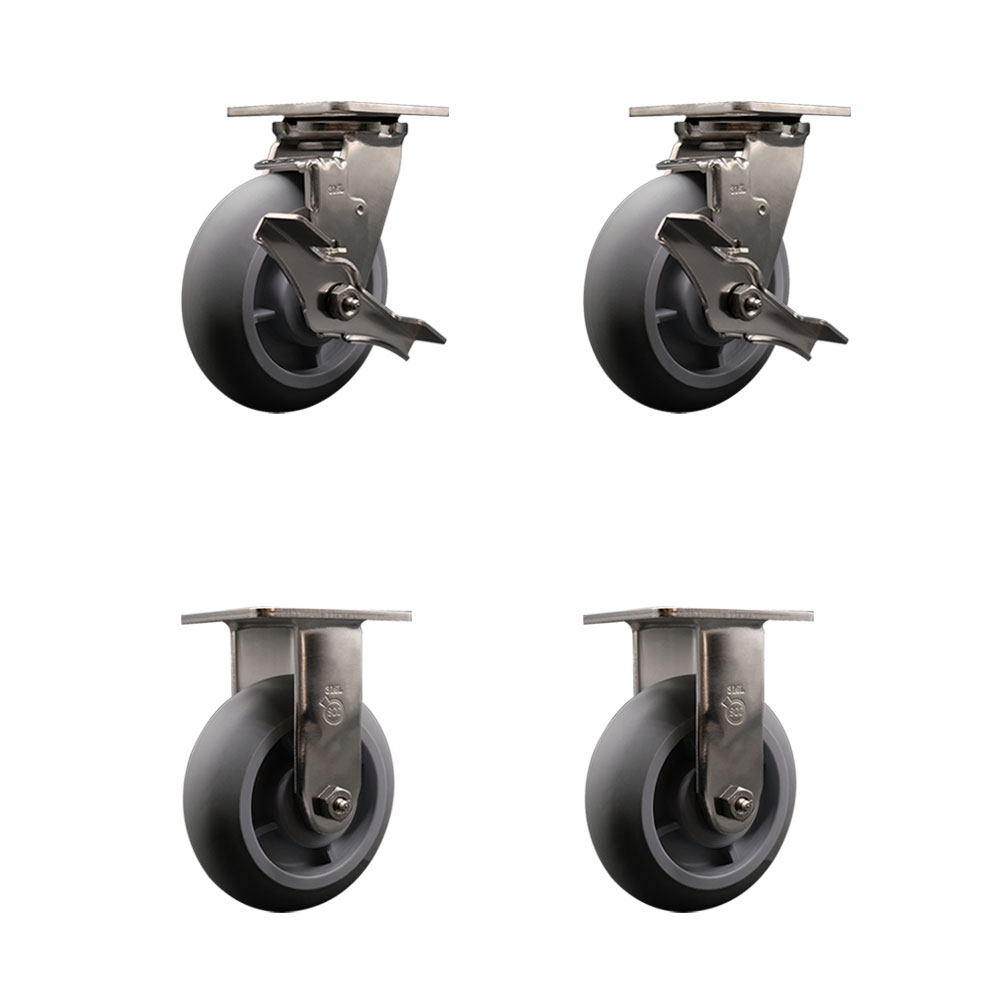 316 Stainless Steel Heavy Duty Swivel Caster Set of 4 with 6 Inch Thermoplastic Rubber Donut Tread Wheels - Includes 2 Swivel with Brakes and 2 Rigid - 2,000 lbs. Total Capacity - Service Caster Brand — photo 1