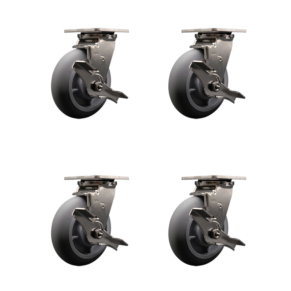 316 Stainless Steel Heavy Duty Swivel Caster Set of 4 with 6 Inch Thermoplastic Rubber Donut Tread Wheels - Includes 4 Swivel with Top Lock Brakes - 2,000 lbs. Total Capacity - Service Caster Brand — photo 1