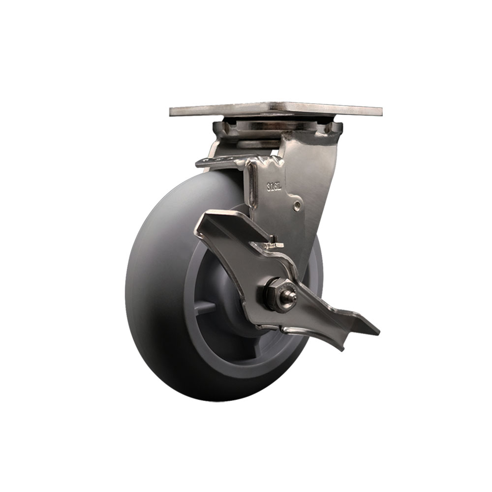 316 Stainless Steel Heavy Duty Swivel Top Plate Caster with Top Lock Brake and 6 Inch Thermoplastic Rubber Donut Tread Wheel with Delrin Bearings - 500 lbs. Capacity/Caster - Service Caster Brand — photo 1
