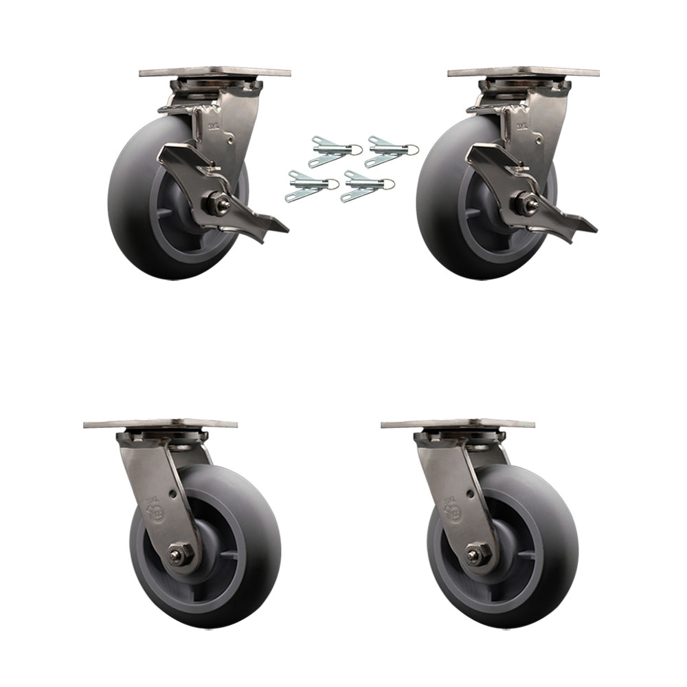 316 Stainless Heavy Duty Swivel Caster Set with 6 Inch Thermoplastic Rubber Donut Tread Wheels - Includes 2 Swivel with Brakes and Swivel Locks and 2 Swivel with Swivel Locks - Service Caster Brand — photo 1