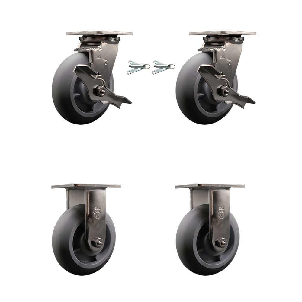 316 Stainless Steel Heavy Duty Swivel Caster Set with 6 Inch Thermoplastic Rubber Donut Tread Wheels - Includes 2 Swivel with Brakes and Bolt on Swivel Locks and 2 Rigid - Service Caster Brand — photo 1