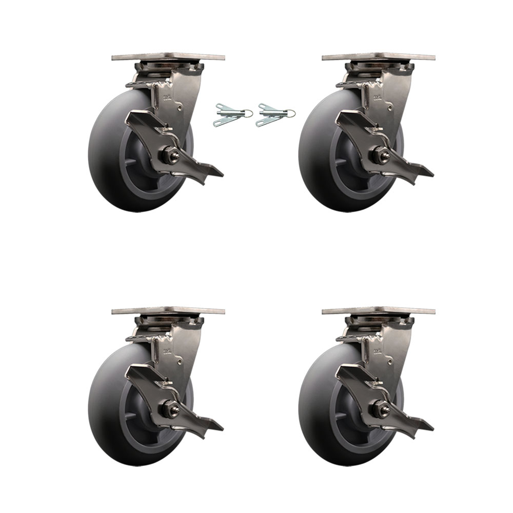 316 Stainless Steel Heavy Duty Swivel Caster Set with 6 Inch Thermoplastic Rubber Donut Tread Wheels and Delrin Bearing-Include 2 Swivel w/Brake & Swivel Lock and 2 Swivel w/Brake-Service Caster Brand — photo 1