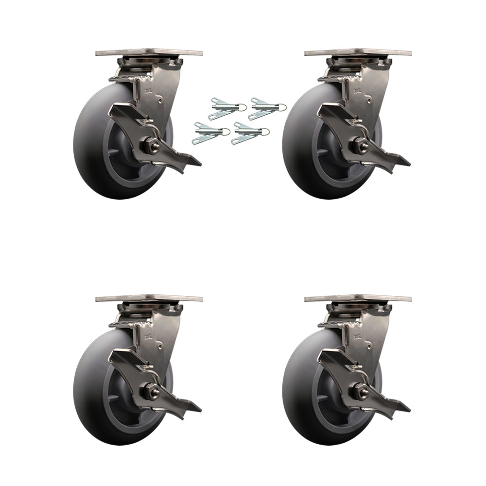 316 Stainless Steel Heavy Duty Swivel Caster Set of 4 with 6 Inch Thermoplastic Rubber Donut Tread Wheels and Delrin Bearings - Includes 4 Swivel w/Brakes and Bolt on Swivel Locks-Service Caster Brand — photo 1