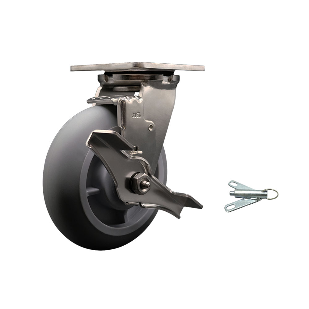 316 Stainless Steel Heavy Duty Swivel Top Plate Caster with Top Lock Brake and Bolt on Swivel Lock and 6 Inch Thermoplastic Rubber Donut Tread Wheel with Delrin Bearings - Service Caster Brand — photo 1