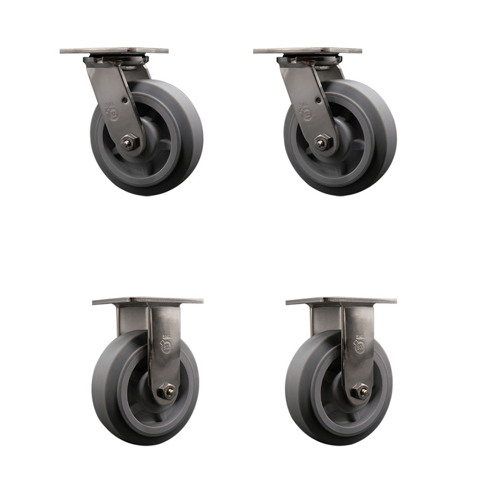 316 Stainless Steel Heavy Duty Swivel Caster Set of 4 with 6 Inch Thermoplastic Rubber Flat Tread Wheels and Ball Bearings-Includes 2 Swivel and 2 Rigid-2,000 lbs. Total Capacity- Service Caster Brand — photo 1