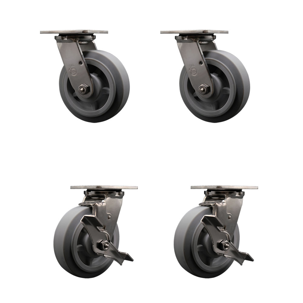 316 Stainless Steel Heavy Duty Swivel Caster Set of 4 with 6 Inch Thermoplastic Rubber Flat Tread Wheels and Ball Bearings - Includes 2 Swivel with Brakes and 2 Swivel - Service Caster Brand — photo 1