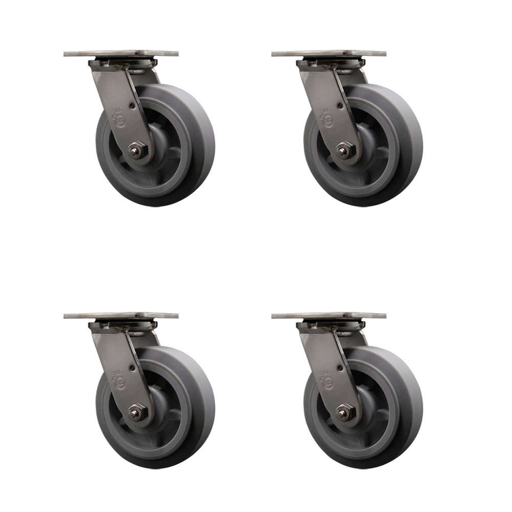 316 Stainless Steel Heavy Duty Swivel Caster Set of 4 with 6 Inch Thermoplastic Rubber Flat Tread Wheels and Ball Bearings - Includes 4 Swivel - 2,000 lbs. Total Capacity - Service Caster Brand — photo 1
