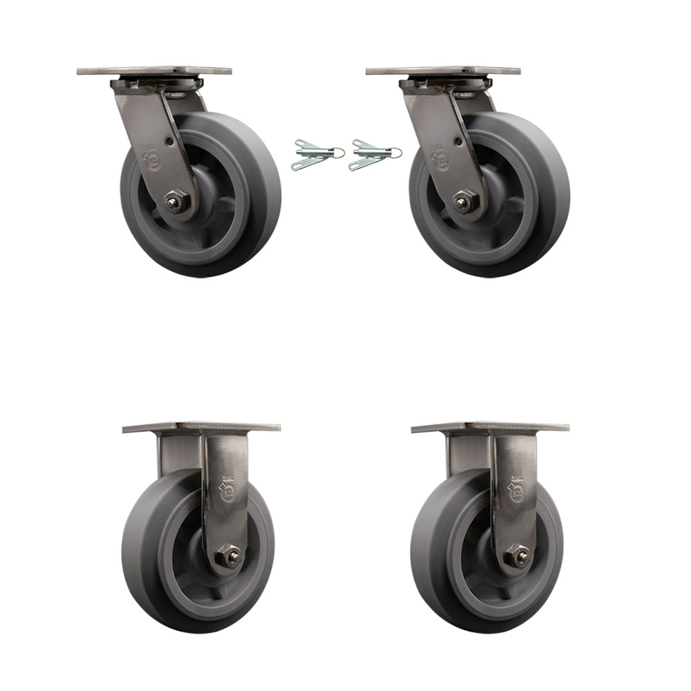 316 Stainless Steel Heavy Duty Swivel Caster Set of 4 with 6 Inch Thermoplastic Rubber Flat Tread Wheels and Delrin Bearings-Include 2 Swivel with Bolt on Swivel Lock and 2 Rigid- Service Caster Brand — photo 1