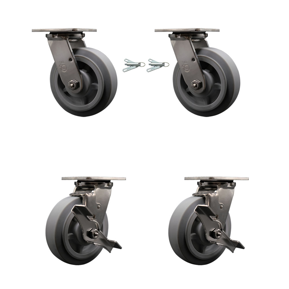 316 Stainless Steel Heavy Duty Swivel Caster Set with 6 Inch Thermoplastic Rubber Flat Tread Wheels and Delrin Bearing-Include 2 Swivel w/Bolt on Swivel Lock and 2 Swivel w/Brake- Service Caster Brand — photo 1