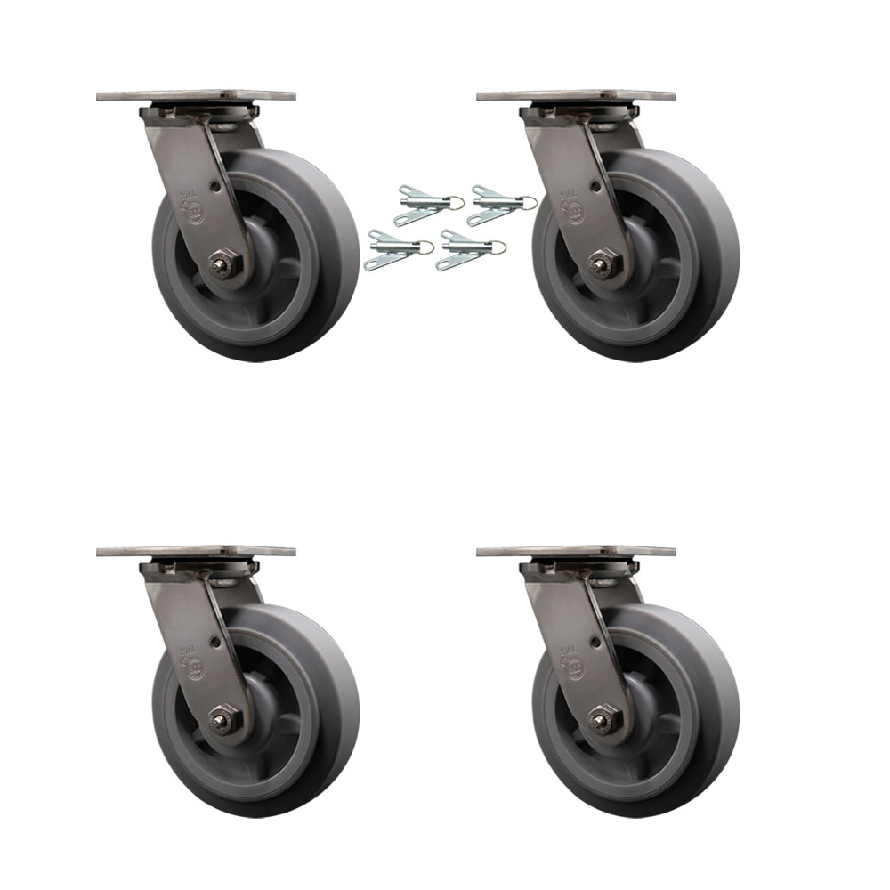 316 Stainless Steel Heavy Duty Swivel Caster Set of 4 with 6 Inch Thermoplastic Rubber Flat Tread Wheels and Delrin Bearings - Includes 4 Swivel with Bolt on Swivel Locks - Service Caster Brand — photo 1