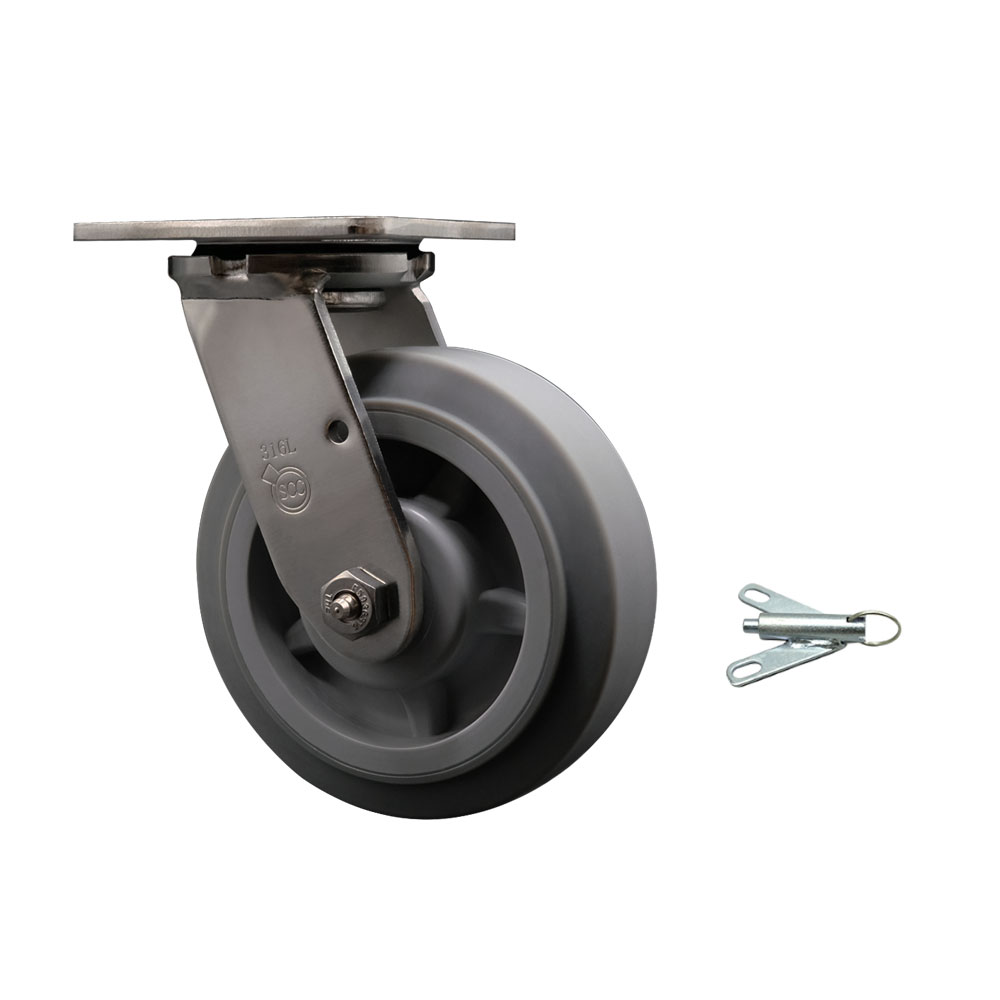 316 Stainless Steel Heavy Duty Swivel Top Plate Caster with Bolt on Swivel Lock and 6 Inch Thermoplastic Rubber Flat Tread Wheel with Delrin Bearings - 500 lbs. Capacity/Caster - Service Caster Brand — photo 1