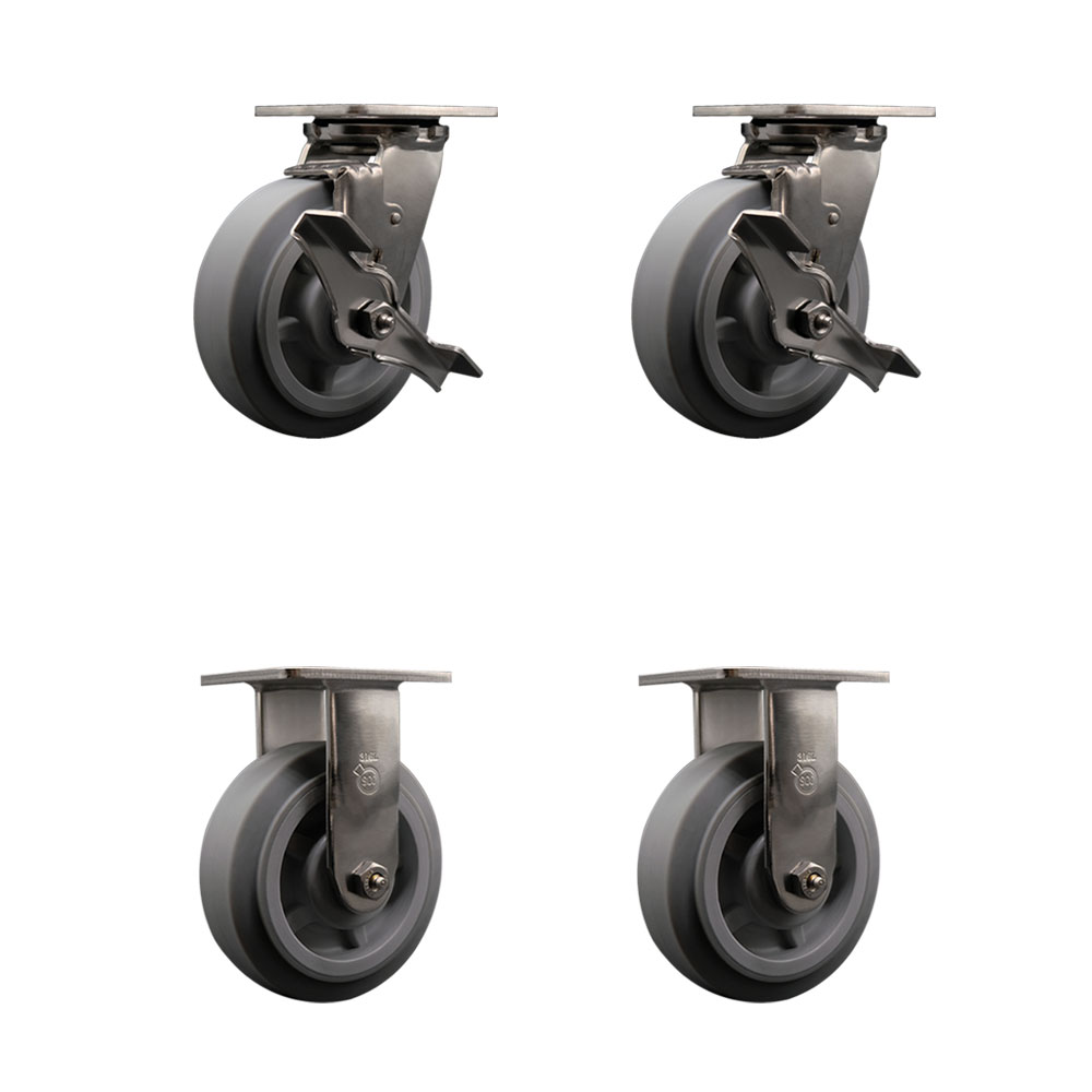 316 Stainless Steel Heavy Duty Swivel Caster Set of 4 with 6 Inch Thermoplastic Rubber Flat Tread Wheels and Delrin Bearings - Includes 2 Swivel with Brakes and 2 Rigid - Service Caster Brand — photo 1