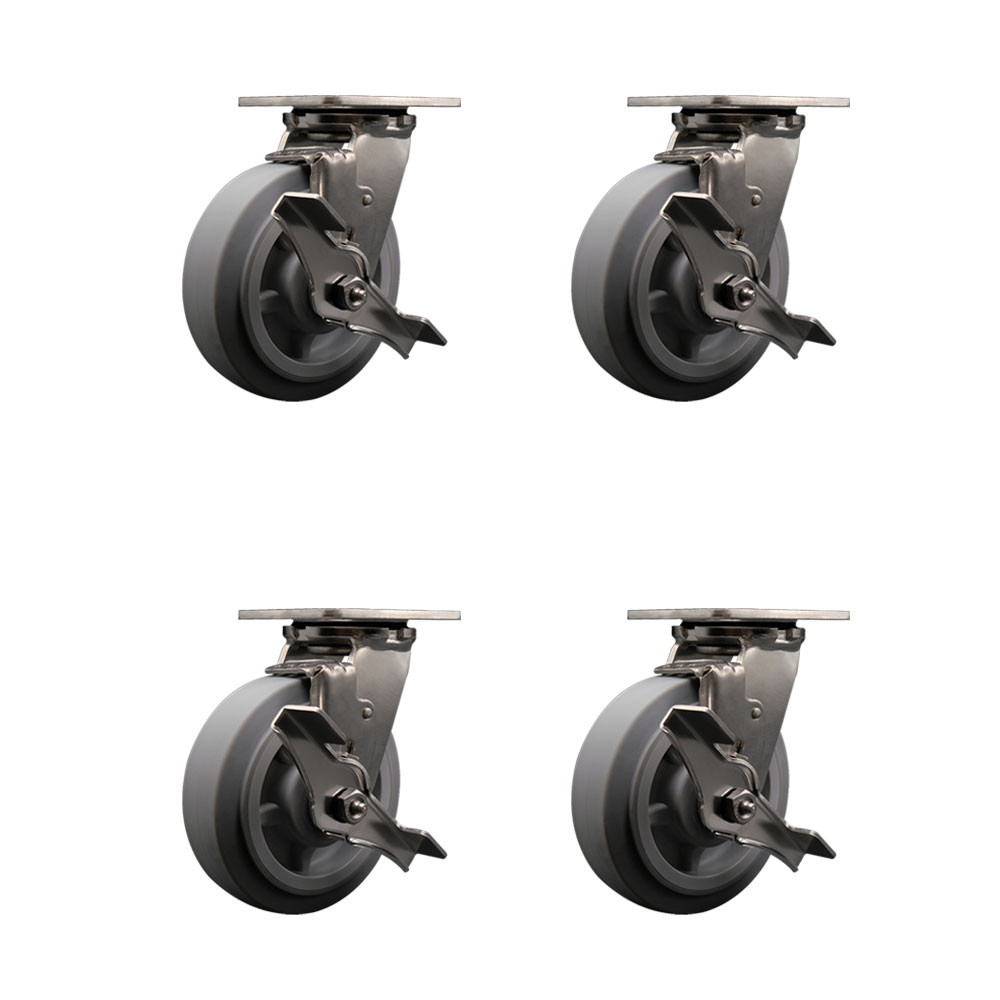 316 Stainless Steel Heavy Duty Swivel Caster Set of 4 with 6 Inch Thermoplastic Rubber Flat Tread Wheels and Ball Bearings - Includes 4 Swivel with Top Lock Brakes - Service Caster Brand — photo 1