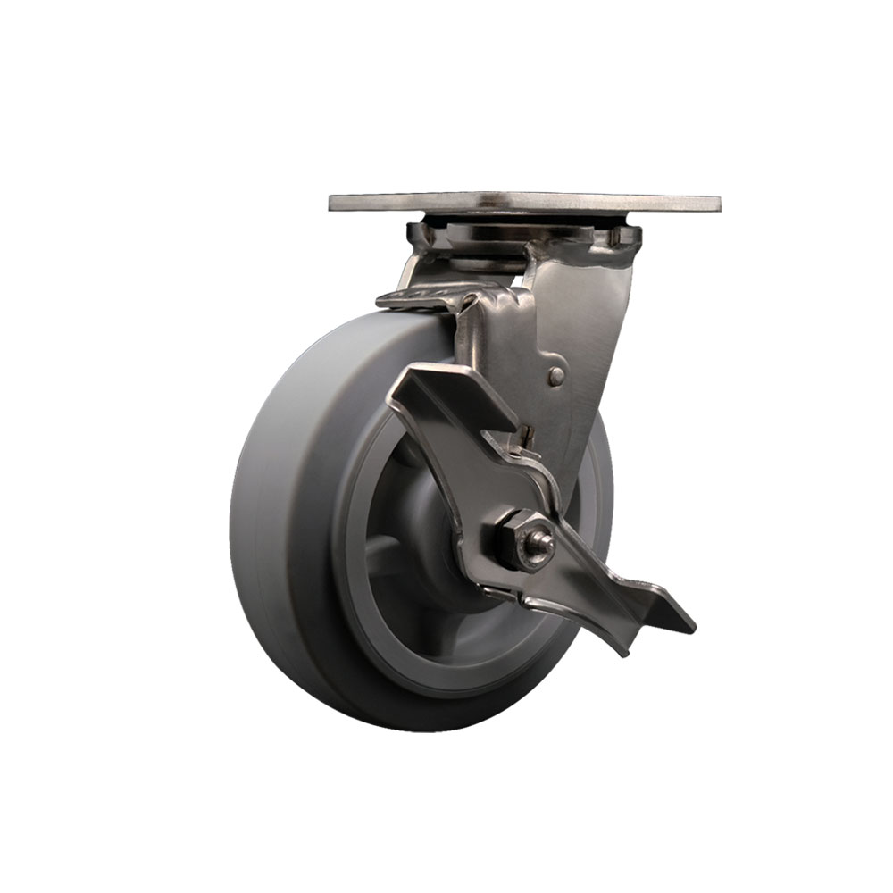 316 Stainless Steel Heavy Duty Swivel Top Plate Caster with Top Lock Brake and 6 Inch Thermoplastic Rubber Flat Tread Wheel with Ball Bearings - 500 lbs. Capacity/Caster - Service Caster Brand — photo 1