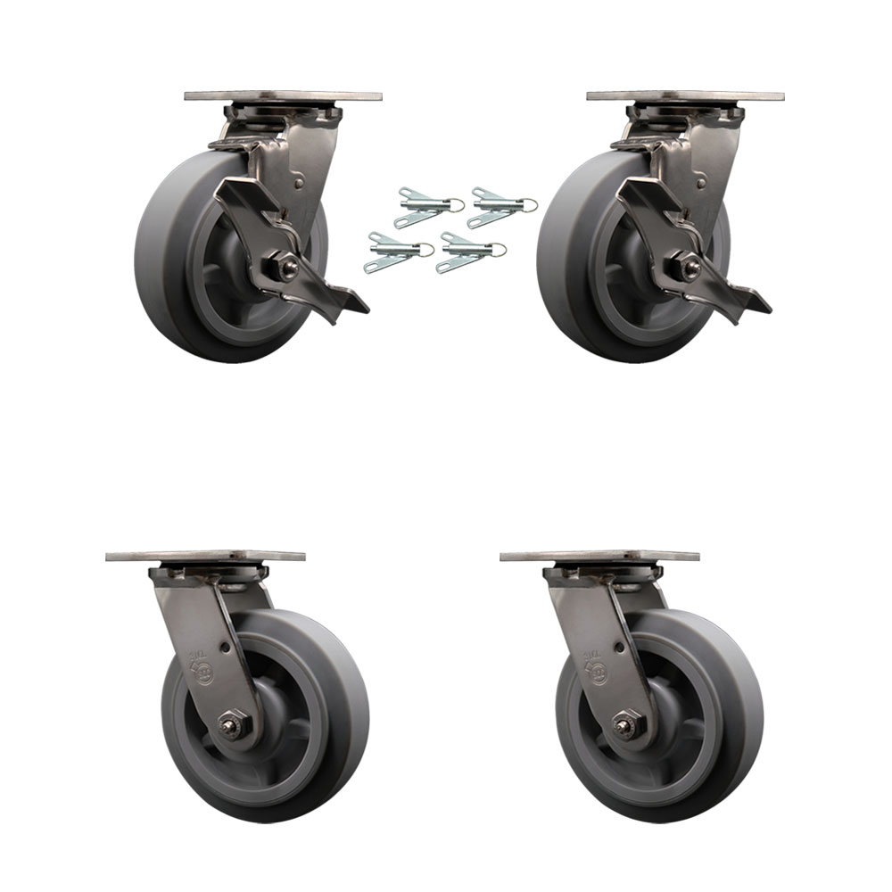 316 Stainless Heavy Duty Swivel Caster Set with 6 Inch Thermoplastic Rubber Flat Tread Wheels and Ball Bearings-Include 2 Swivel w/Brakes & Swivel Lock and 2 Swivel w/Swivel Lock- Service Caster Brand — photo 1