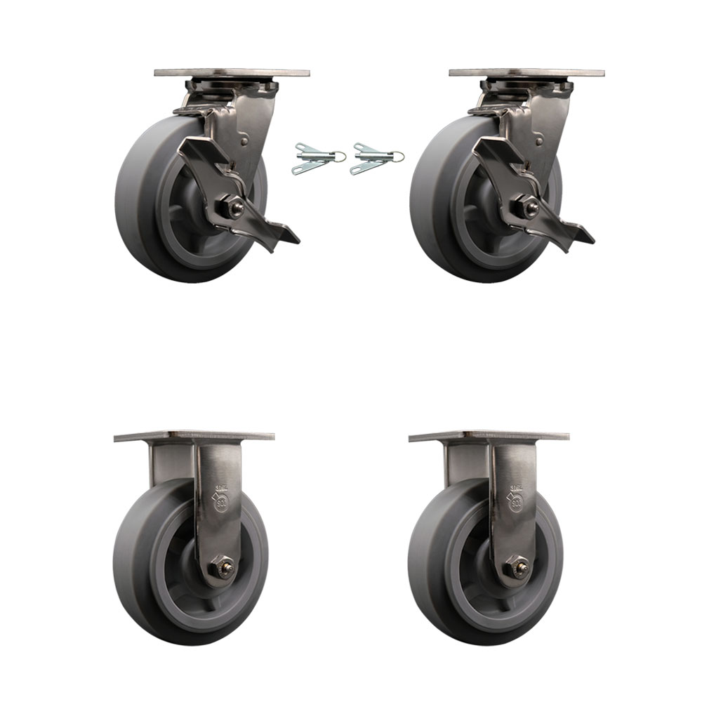 316 Stainless Steel Heavy Duty Swivel Caster Set with 6 Inch Thermoplastic Rubber Flat Tread Wheels - Includes 2 Swivel with Brakes and Bolt on Swivel Locks and 2 Rigid - Service Caster Brand — photo 1