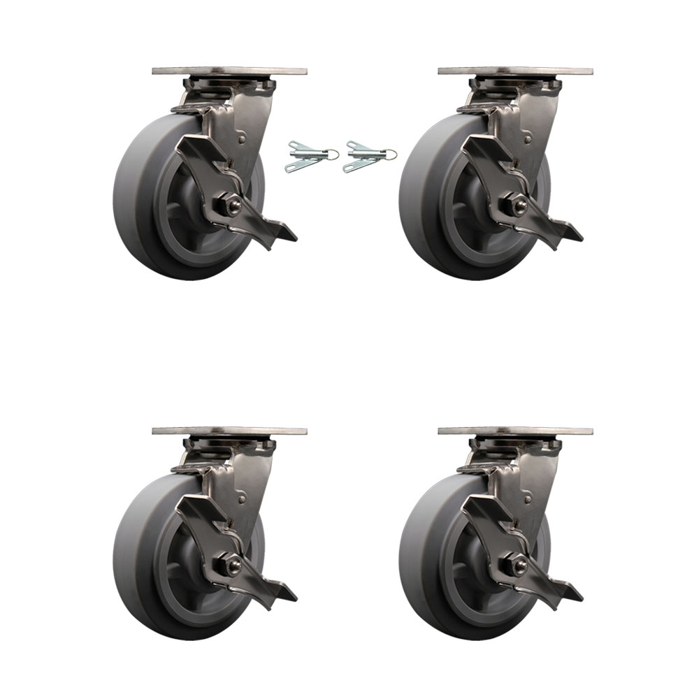 316 Stainless Steel Heavy Duty Swivel Caster Set with 6 Inch Thermoplastic Rubber Flat Tread Wheels and Delrin Bearing-Include 2 Swivel w/Brake & Swivel Lock and 2 Swivel w/Brake- Service Caster Brand — photo 1
