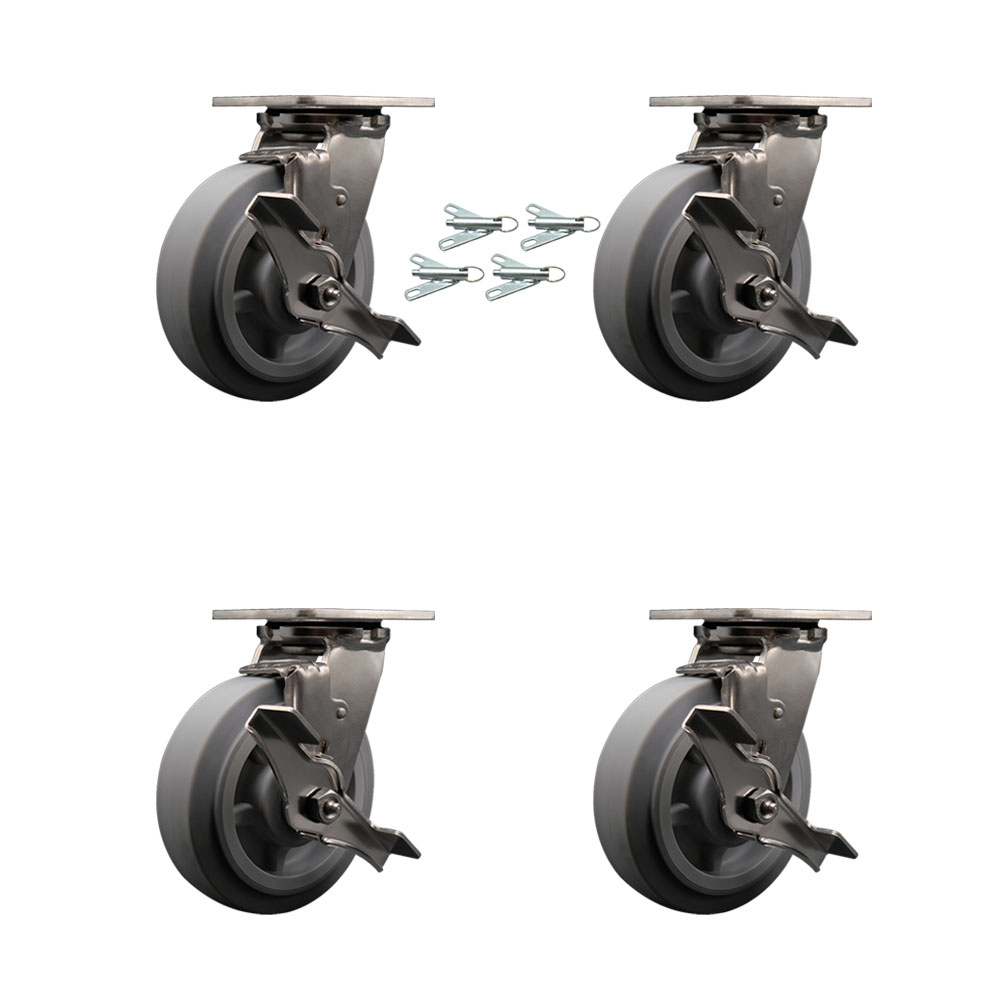 316 Stainless Steel Heavy Duty Swivel Caster Set of 4 with 6 Inch Thermoplastic Rubber Flat Tread Wheels and Ball Bearings - Includes 4 Swivel w/Brakes and Bolt on Swivel Locks - Service Caster Brand — photo 1