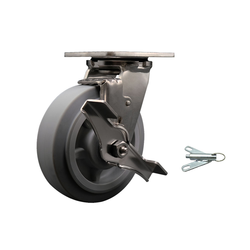 316 Stainless Steel Heavy Duty Swivel Top Plate Caster with Top Lock Brake and Bolt on Swivel Lock and 6 Inch Thermoplastic Rubber Flat Tread Wheel - 500 lbs. Capacity/Caster - Service Caster Brand — photo 1