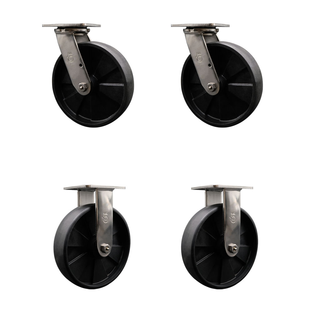 316 Stainless Steel Heavy Duty Swivel Caster Set of 4 with 8 Inch Glass Filled Nylon Wheels - Includes 2 Swivel and 2 Rigid - 5,000 lbs. Total Capacity - Service Caster Brand — photo 1