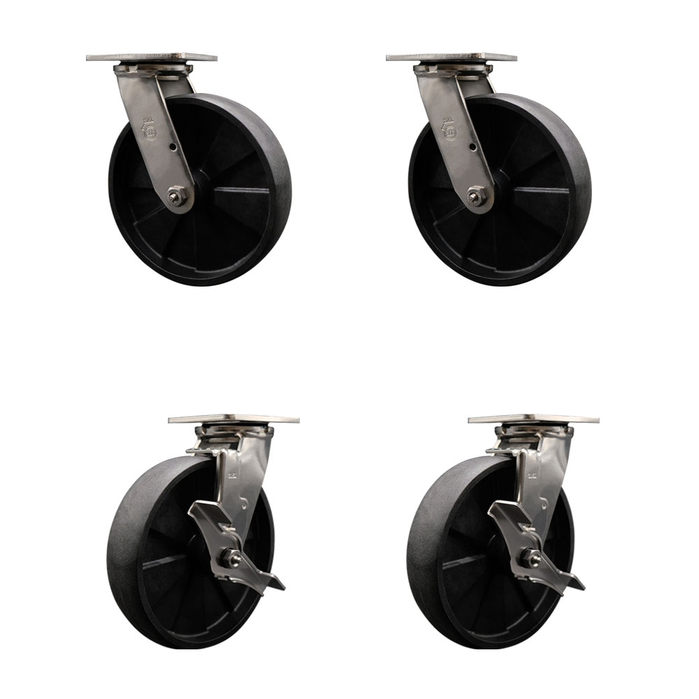 316 Stainless Steel Heavy Duty Swivel Caster Set of 4 with 8 Inch Glass Filled Nylon Wheels and Ball Bearings - Includes 2 Swivel with Brakes and 2 Swivel - Service Caster Brand — photo 1