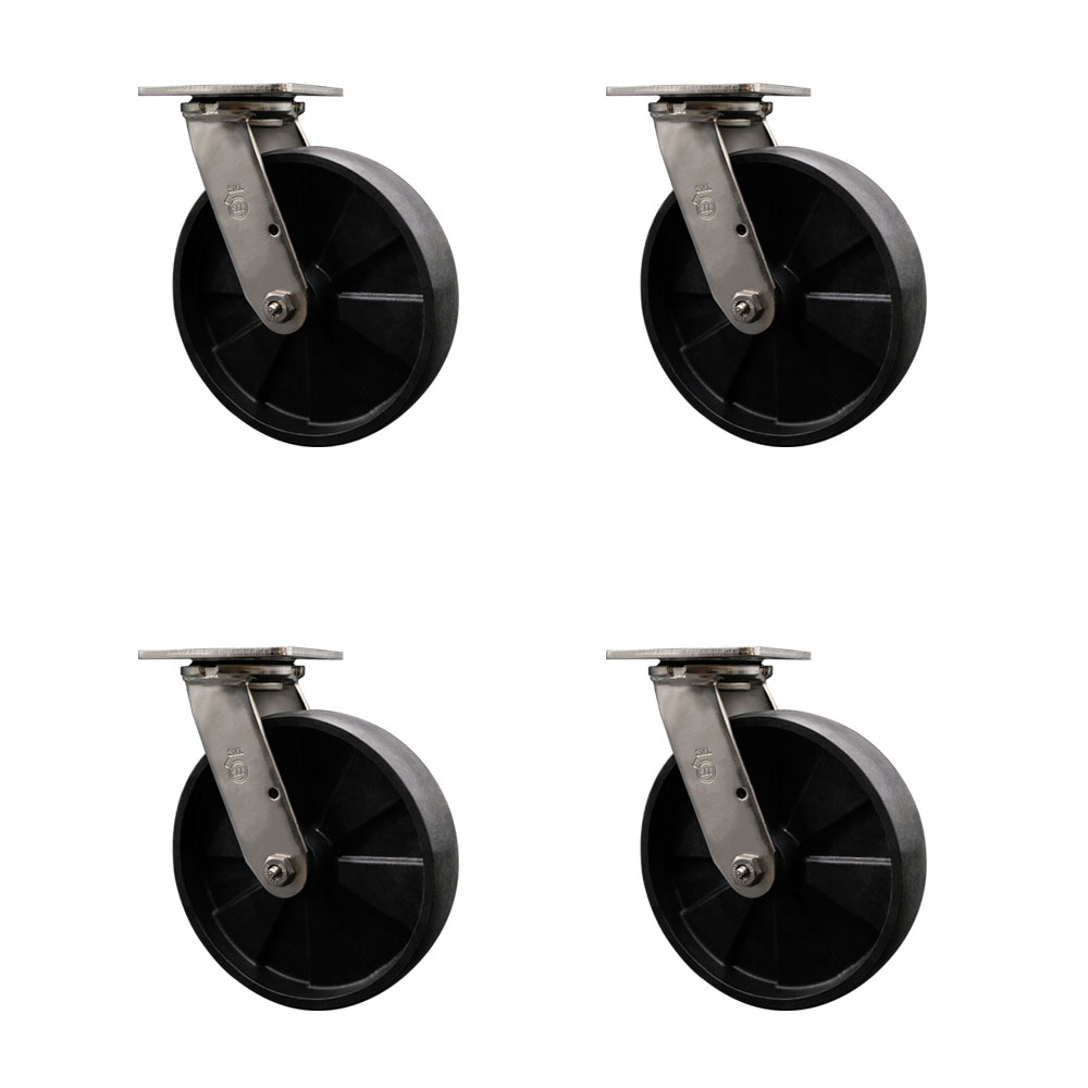 316 Stainless Steel Heavy Duty Swivel Caster Set of 4 with 8 Inch Glass Filled Nylon Wheels and Delrin Bearings - Includes 4 Swivel - 5,000 lbs. Total Capacity - Service Caster Brand — photo 1