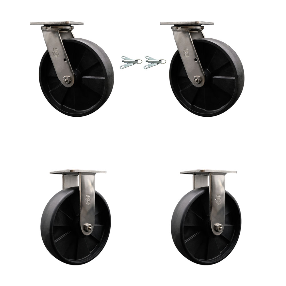 316 Stainless Steel Heavy Duty Swivel Caster Set of 4 with 8 Inch Glass Filled Nylon Wheels and Ball Bearings - Includes 2 Swivel with Bolt on Swivel Locks and 2 Rigid - Service Caster Brand — photo 1