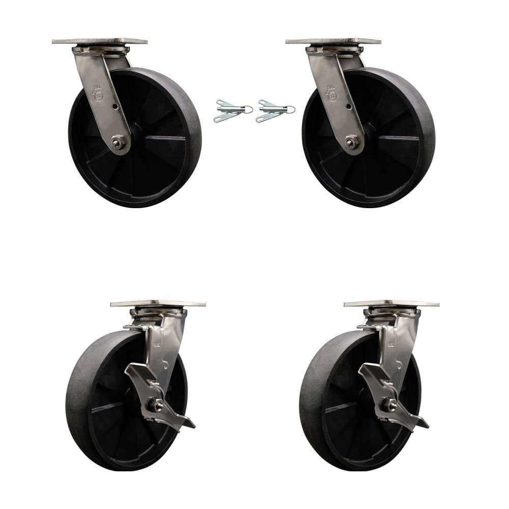 316 Stainless Steel Heavy Duty Swivel Caster Set with 8 Inch Glass Filled Nylon Wheels - Includes 2 Swivel with Bolt on Swivel Locks and 2 Swivel with Brakes - Service Caster Brand — photo 1