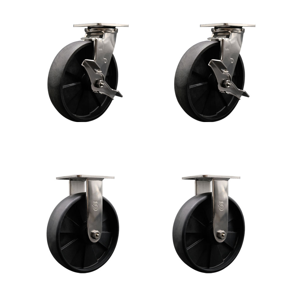 316 Stainless Steel Heavy Duty Swivel Caster Set of 4 with 8 Inch Glass Filled Nylon Wheels and Ball Bearings - Includes 2 Swivel with Brakes and 2 Rigid - Service Caster Brand — photo 1