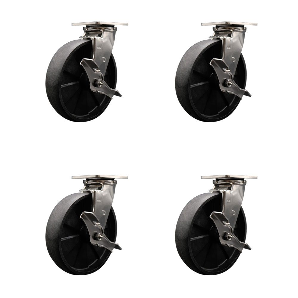316 Stainless Steel Heavy Duty Swivel Caster Set of 4 with 8 Inch Glass Filled Nylon Wheels - Includes 4 Swivel with Top Lock Brakes - 5,000 lbs. Total Capacity - Service Caster Brand — photo 1