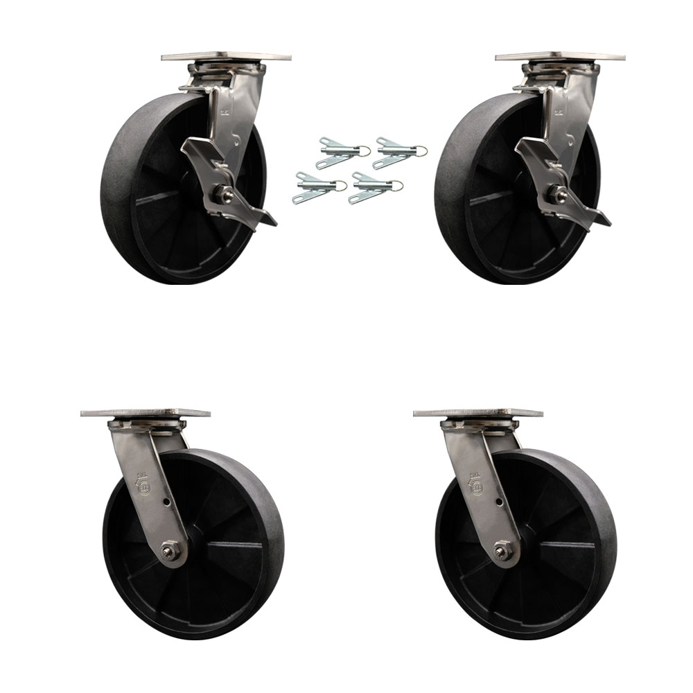 316 Stainless Heavy Duty Swivel Caster Set with 8 Inch Glass Filled Nylon Wheels and Ball Bearing-Include 2 Swivel w/Brake & Bolt on Swivel Lock and 2 Swivel w/Bolt on Swivel Lock-Service Caster Brand — photo 1