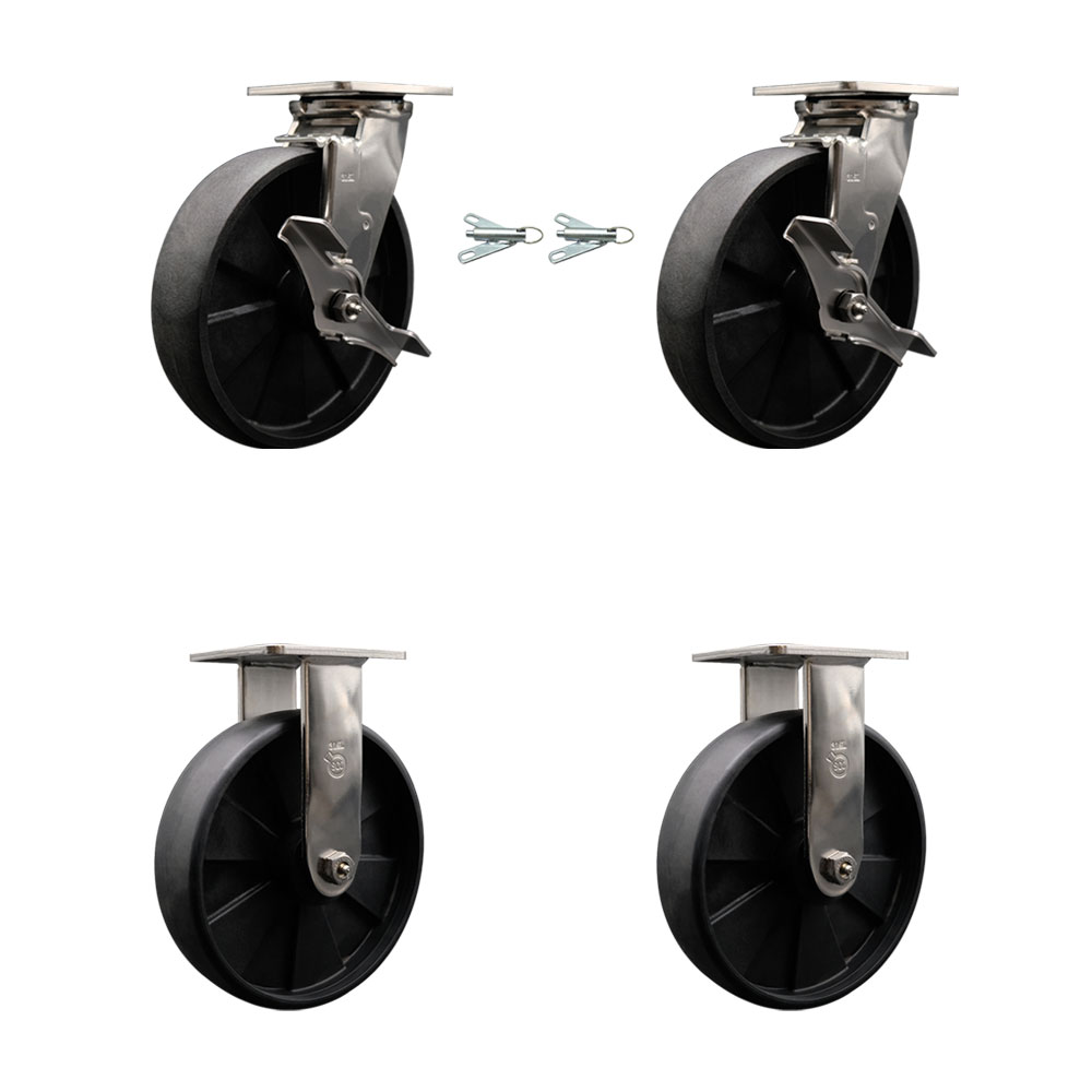 316 Stainless Steel Heavy Duty Swivel Caster Set with 8 Inch Glass Filled Nylon Wheels and Delrin Bearings - Includes 2 Swivel with Brakes and Bolt on Swivel Locks and 2 Rigid - Service Caster Brand — photo 1
