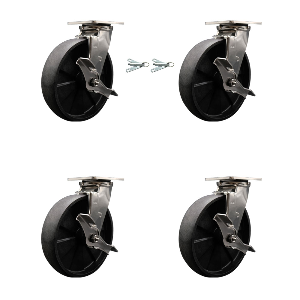 316 Stainless Steel Heavy Duty Swivel Caster Set with 8 Inch Glass Filled Nylon Wheels - Includes 2 Swivel with Brakes and Bolt on Swivel Locks and 2 Swivel with Brakes - Service Caster Brand — photo 1