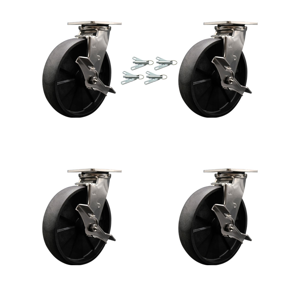 316 Stainless Steel Heavy Duty Swivel Caster Set of 4 with 8 Inch Glass Filled Nylon Wheels and Ball Bearings - Includes 4 Swivel with Top Lock Brakes and Bolt on Swivel Locks - Service Caster Brand — photo 1
