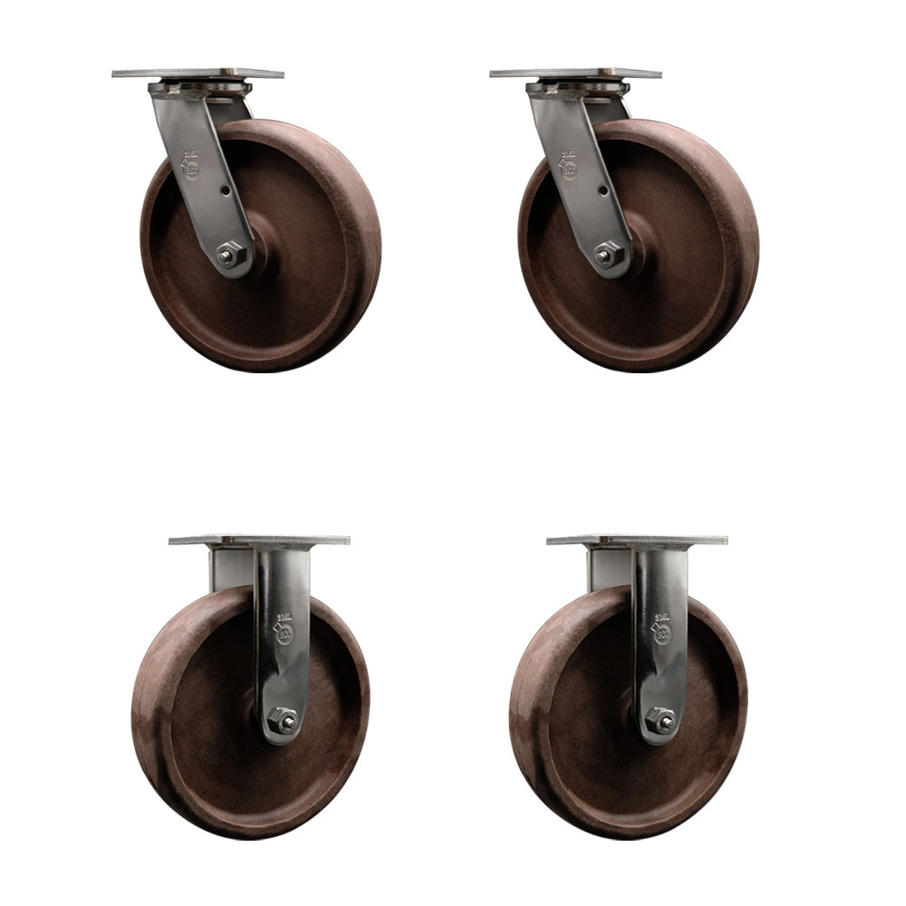 316 Stainless Steel Heavy Duty Swivel Caster Set of 4 with 8 Inch High Temperature Glass Filled Nylon Wheels - Includes 2 Swivel and 2 Rigid - 4,800 lbs. Total Capacity - Service Caster Brand — photo 1