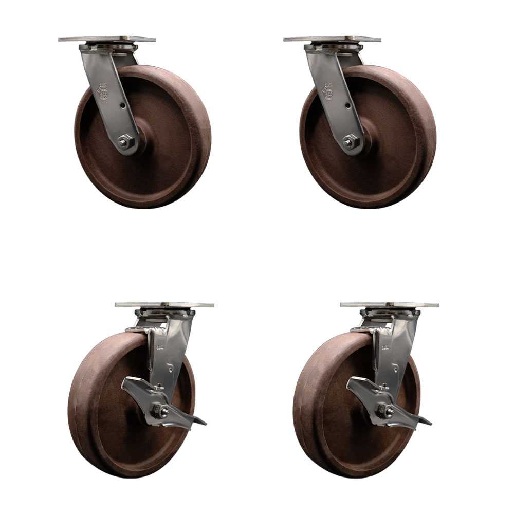 316 Stainless Steel Heavy Duty Swivel Caster Set of 4 with 8 Inch High Temperature Glass Filled Nylon Wheels-Includes 2 Swivel with Brakes and 2 Swivel-4,800 lbs. Total Capacity - Service Caster Brand — photo 1