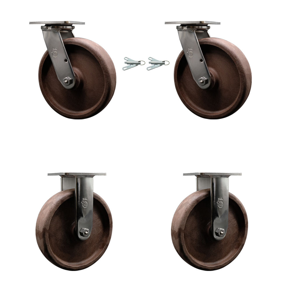 316 Stainless Steel Heavy Duty Swivel Caster Set of 4 with 8 Inch High Temperature Glass Filled Nylon Wheels - Includes 2 Swivel with Bolt on Swivel Locks and 2 Rigid - Service Caster Brand — photo 1