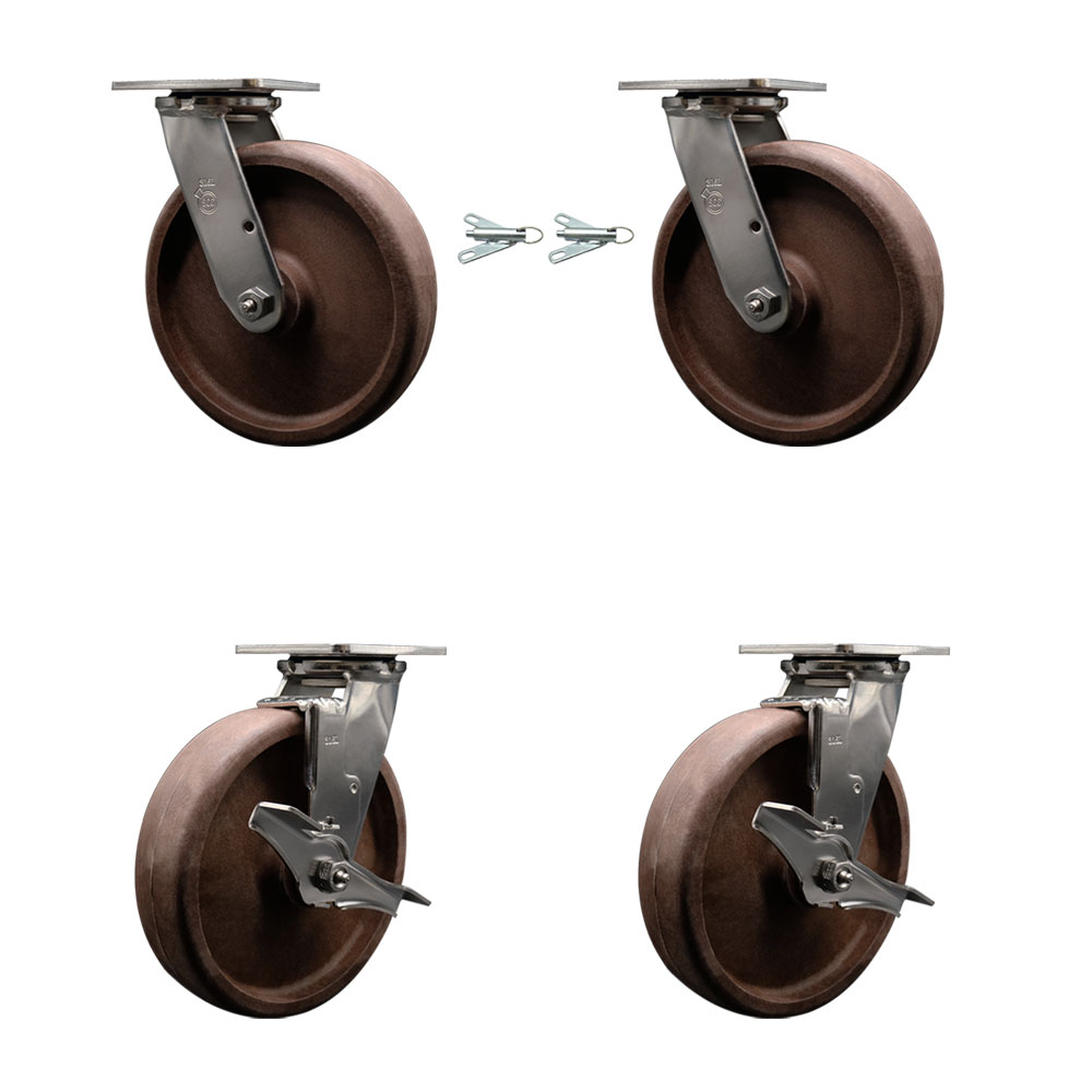 316 Stainless Steel Heavy Duty Swivel Caster Set with 8 Inch High Temperature Glass Filled Nylon Wheels - Includes 2 Swivel with Bolt on Swivel Locks and 2 Swivel with Brakes - Service Caster Brand — photo 1