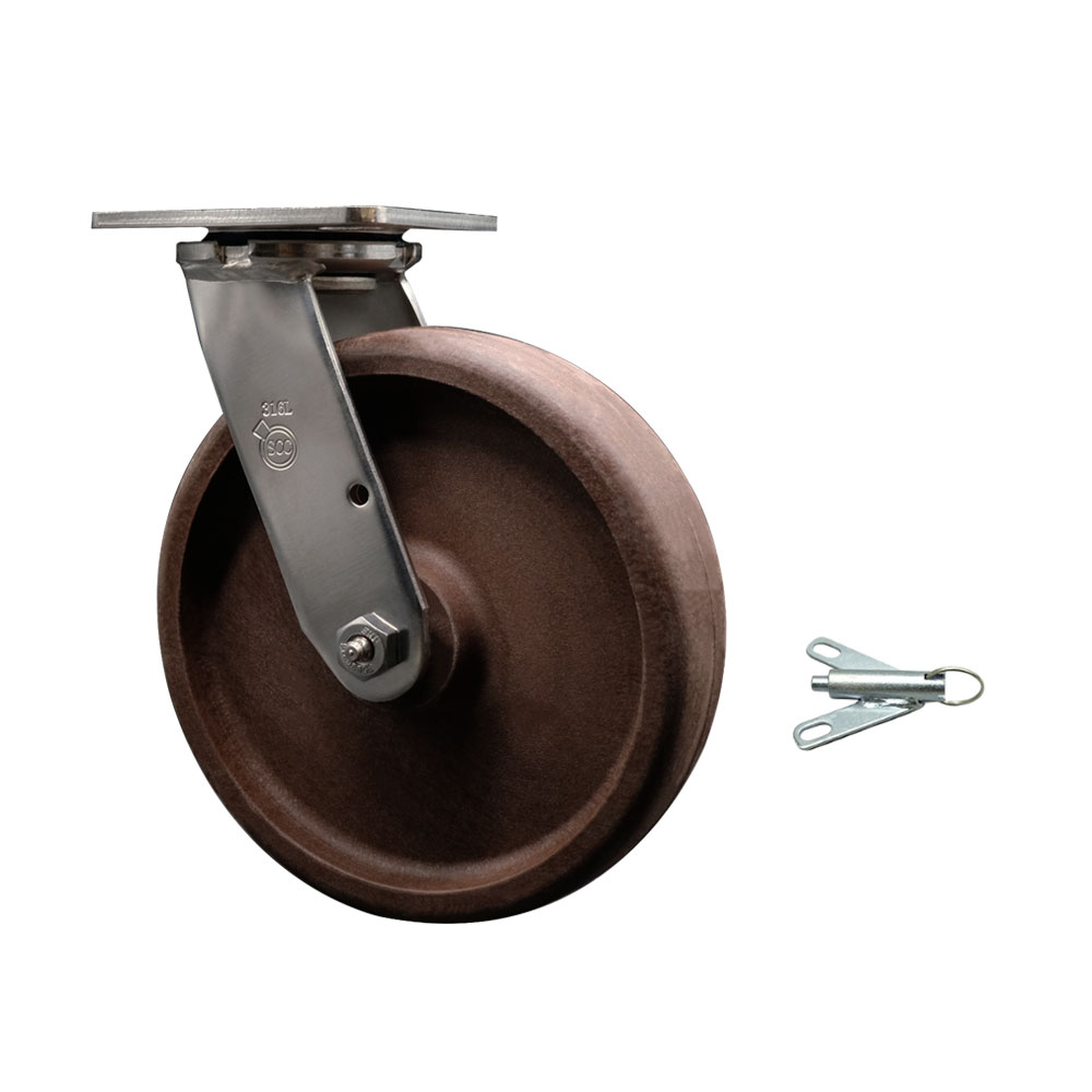 316 Stainless Steel Heavy Duty Swivel Top Plate Caster with Bolt on Swivel Lock and 8 Inch High Temperature Glass Filled Nylon Wheel - 1,200 lbs. Capacity/Caster - Service Caster Brand — photo 1