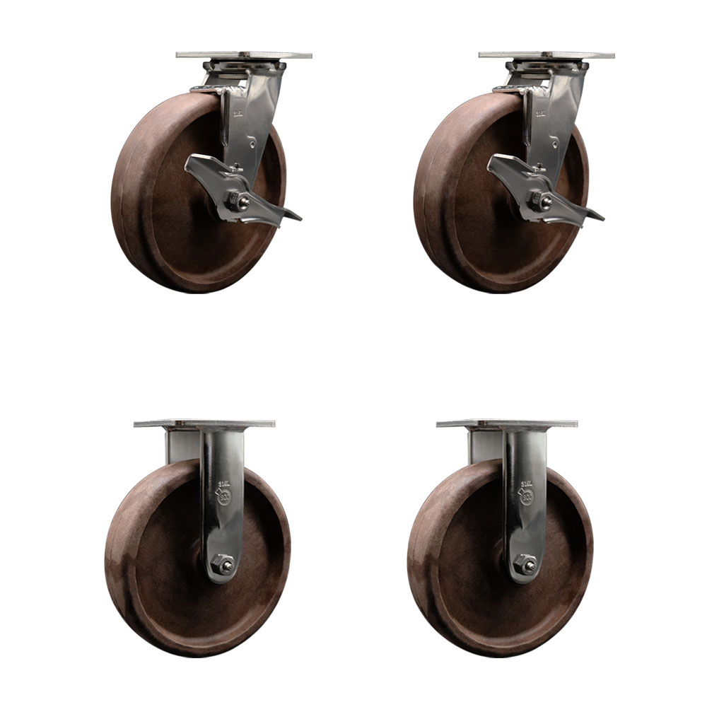 316 Stainless Steel Heavy Duty Swivel Caster Set of 4 with 8 Inch High Temperature Glass Filled Nylon Wheels-Includes 2 Swivel with Brakes and 2 Rigid- 4,800 lbs. Total Capacity - Service Caster Brand — photo 1