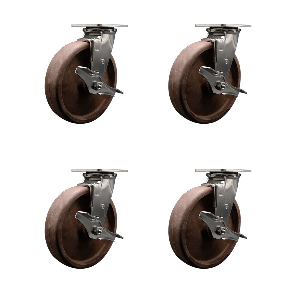 316 Stainless Steel Heavy Duty Swivel Caster Set of 4 with 8 Inch High Temperature Glass Filled Nylon Wheels - Includes 4 Swivel with Top Lock Brakes - 4,800 lbs. Total Capacity - Service Caster Brand — photo 1
