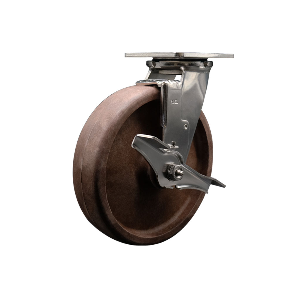 316 Stainless Steel Heavy Duty Swivel Top Plate Caster with Top Lock Brake and 8 Inch High Temperature Glass Filled Nylon Wheel - 1,200 lbs. Capacity/Caster - Service Caster Brand — photo 1