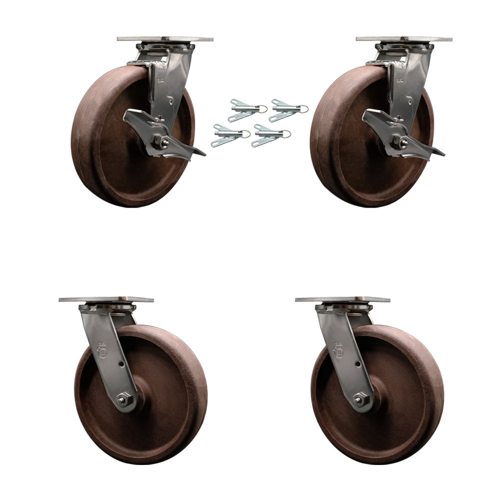 316 Stainless Heavy Duty Swivel Caster Set with 8 Inch High Temp Glass Filled Nylon Wheel-Include 2 Swivel with Brake and Bolt on Swivel Lock and 2 Swivel with Bolt on Swivel Lock-Service Caster Brand — photo 1