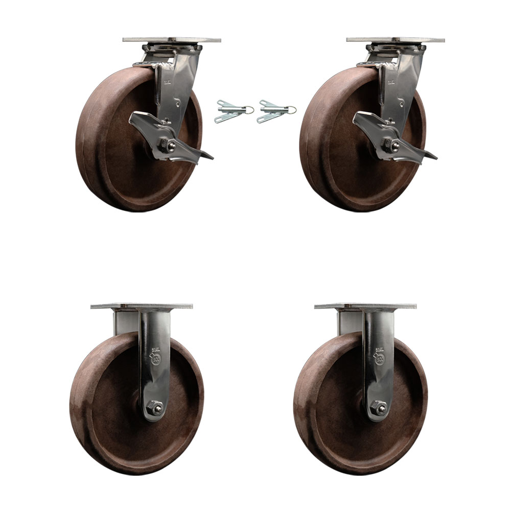 316 Stainless Steel Heavy Duty Swivel Caster Set with 8 Inch High Temperature Glass Filled Nylon Wheels - Includes 2 Swivel with Brakes and Bolt on Swivel Locks and 2 Rigid - Service Caster Brand — photo 1