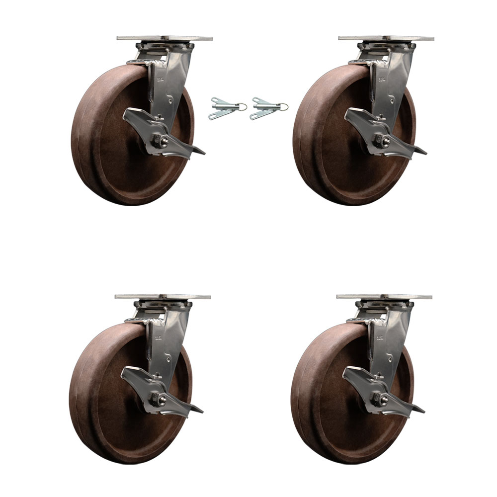 316 Stainless Steel Heavy Duty Swivel Caster Set with 8 Inch High Temp Glass Filled Nylon Wheels - Includes 2 Swivel with Brakes and Bolt on Swivel Locks and 2 Swivel with Brakes- Service Caster Brand — photo 1