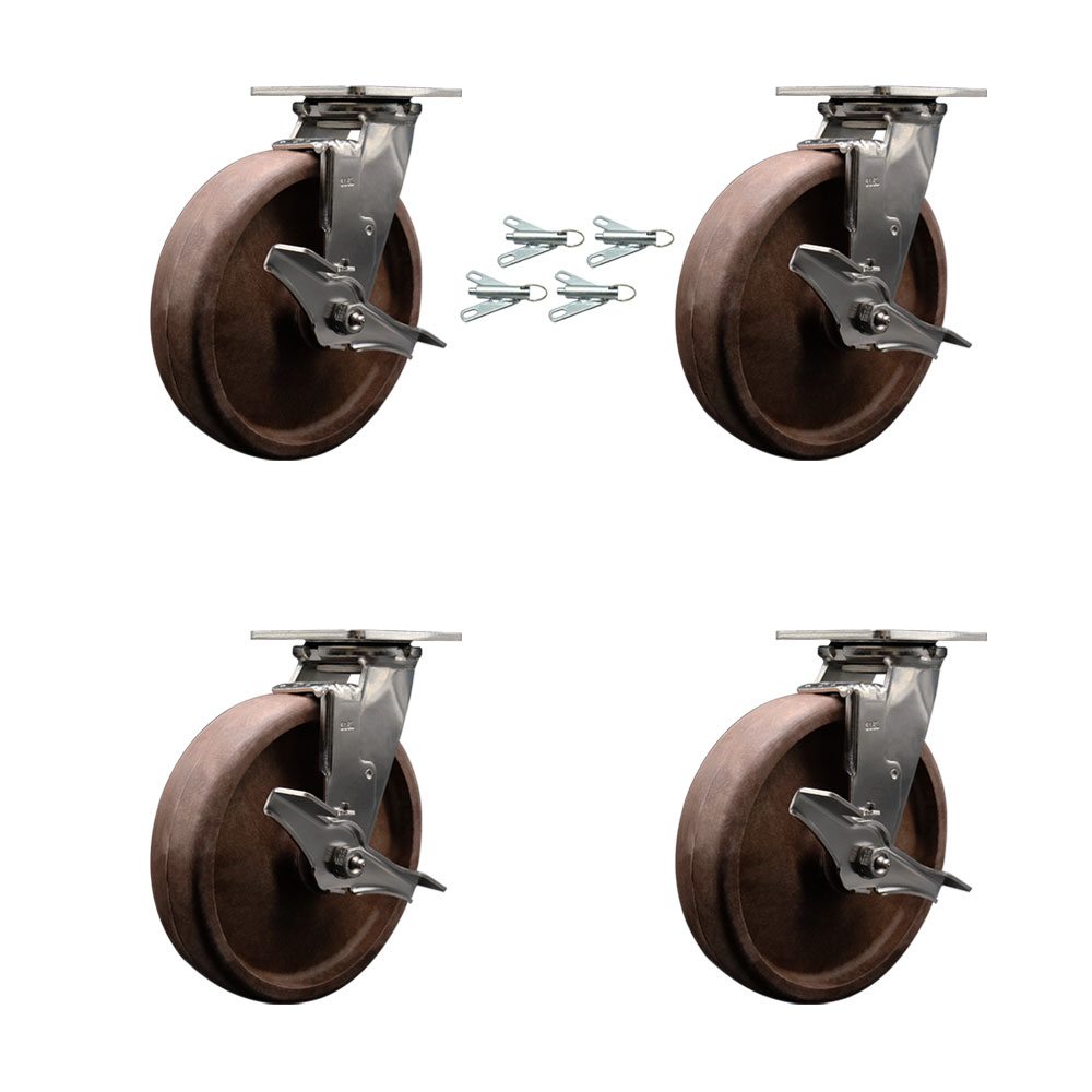 316 Stainless Steel Heavy Duty Swivel Caster Set of 4 with 8 Inch High Temperature Glass Filled Nylon Wheels - Includes 4 Swivel with Top Lock Brakes and Bolt on Swivel Locks - Service Caster Brand — photo 1